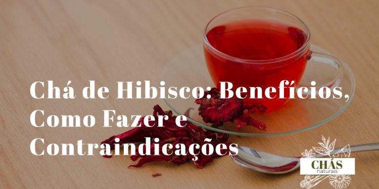 chá de hibisco benefícios — chávena com chá de hibisco vermelho intenso e flores secas