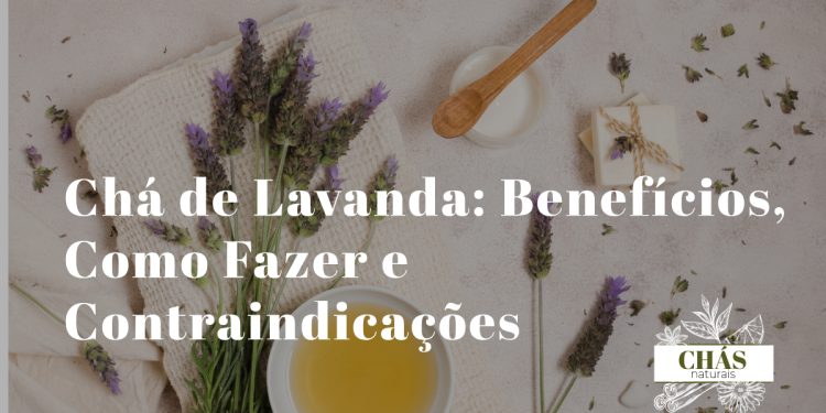 chá de lavanda benefícios — chávena de chá com flores de lavanda secas e frescas em fundo provençal