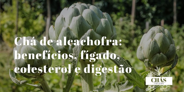 chá de alcachofra — folhas de Cynara scolymus secas ao lado de chávena de chá escuro sobre superfície de madeira