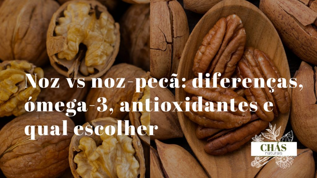noz vs noz-pecã — nozes europeias redondas com casca rugosa ao lado de nozes-pecã alongadas com casca lisa sobre superfície rústica