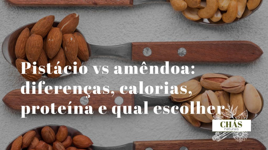 pistácio vs amêndoa — comparação lado a lado de pistácios verdes com casca e amêndoas castanhas sobre superfície de madeira