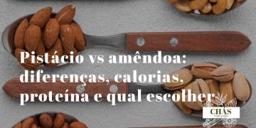 pistácio vs amêndoa — comparação lado a lado de pistácios verdes com casca e amêndoas castanhas sobre superfície de madeira