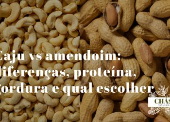 caju vs amendoim — cajus brancos ao lado de amendoins torrados com casca em recipientes de madeira sobre superfície rústica