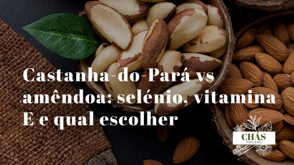 castanha-do-Pará vs amêndoa — castanhas grandes do Pará ao lado de amêndoas castanhas em recipientes de madeira