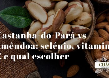 castanha-do-Pará vs amêndoa — castanhas grandes do Pará ao lado de amêndoas castanhas em recipientes de madeira