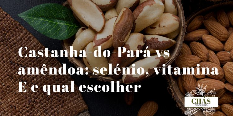 castanha-do-Pará vs amêndoa — castanhas grandes do Pará ao lado de amêndoas castanhas em recipientes de madeira