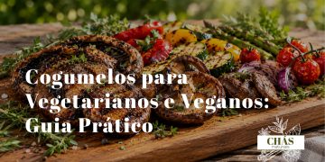 cogumelos portobello e shiitake grelhados como substituto da carne ao lado de vegetais coloridos sobre tábua de madeira com ervas frescas