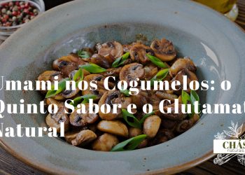 cogumelos shiitake e porcini a saltear com concentração de sabor umami representada por vapor intenso sobre frigideira de ferro fundido